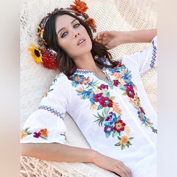 Johnny Was Nandi Flare Sleeve 100% Linen Tunic Dress. In Chantal Gauze. - Picture 2 of 12